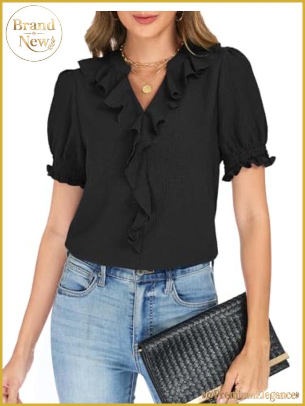 Women's Puff Sleeve V Neck Ruffle Blouse Smocked Cuffs Business Casual Top